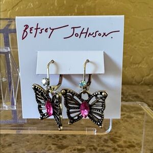Betsey Johnson Butterfly Earrings with Pink & Clear Crystals NWT